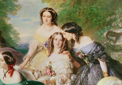 Emperatriz Eugenia y sus damas de compañía, detalle de Baronne de Malaret, Marquise de las Marismas y Marquise de La Tour Maubourg de Franz Xaver Winterhalter